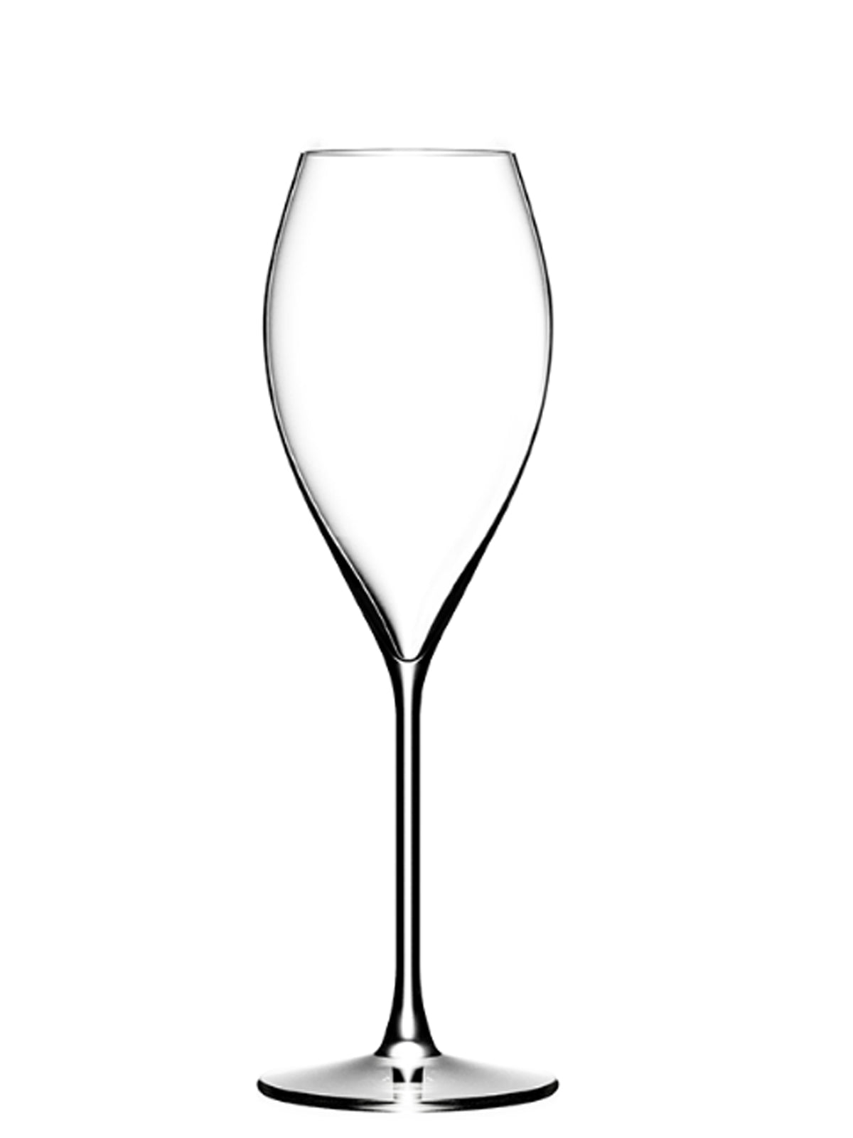 A clear, elegant champagne glass with a long stem.