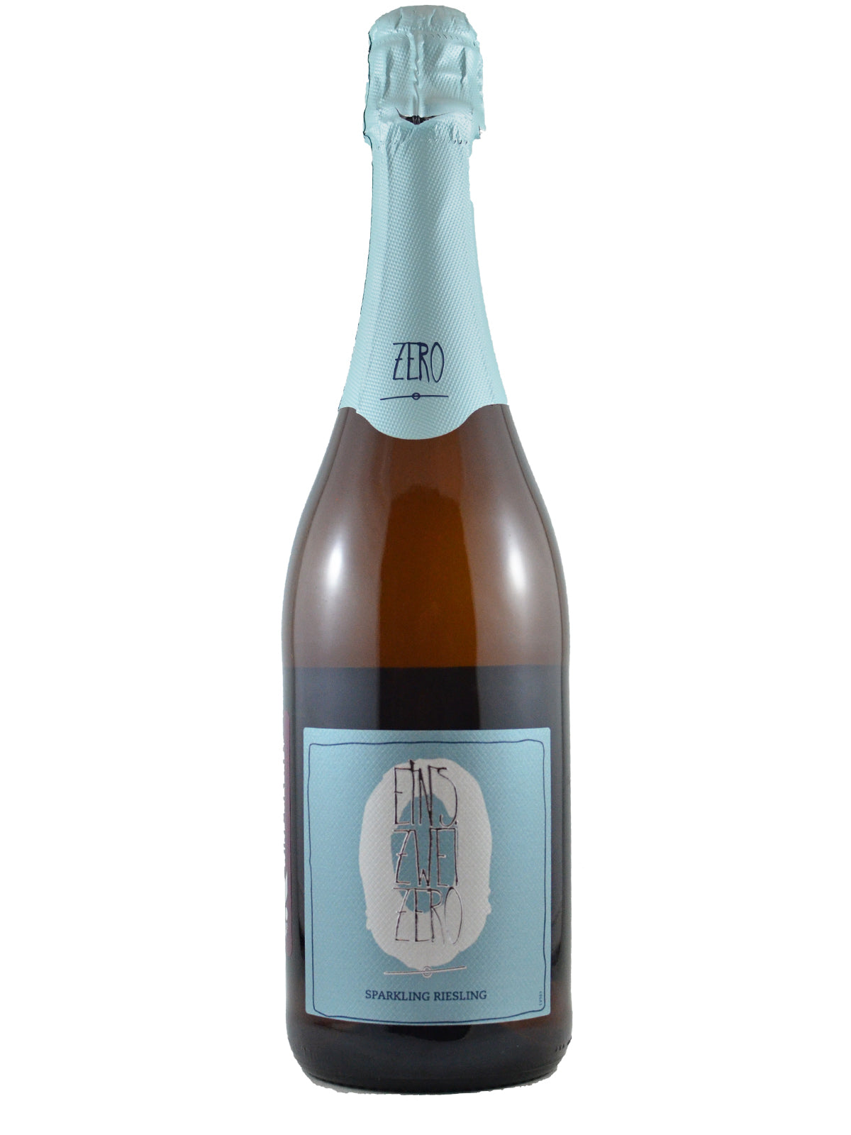 Bottle of German Eins Zwei Drei sparkling Riesling wine with a blue label on a white background