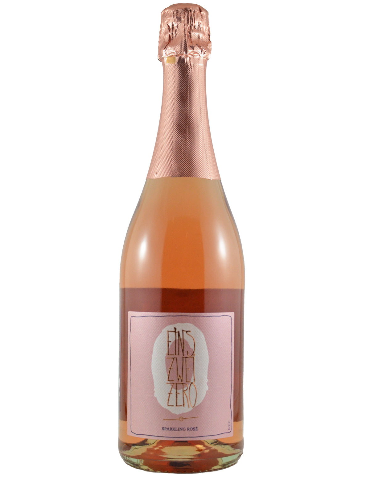 Bottle of 'Eins Zwei Zero' vibrant sparkling rose wine with a pink label on a white background