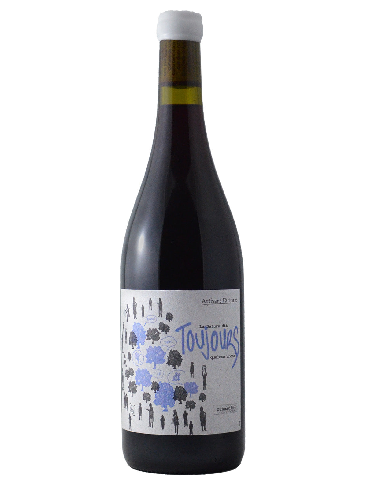 bottle of 'Toujours' cinsault red wine with a stylised label (blue/black text on white) against a white background