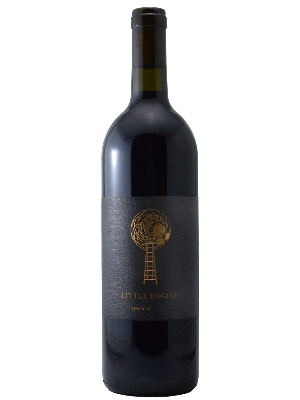 A bottle of Little Engine 'Union' Red Blend 2021 with a black label featuring gold illustrations of a ladder and the moon and the producer's name.