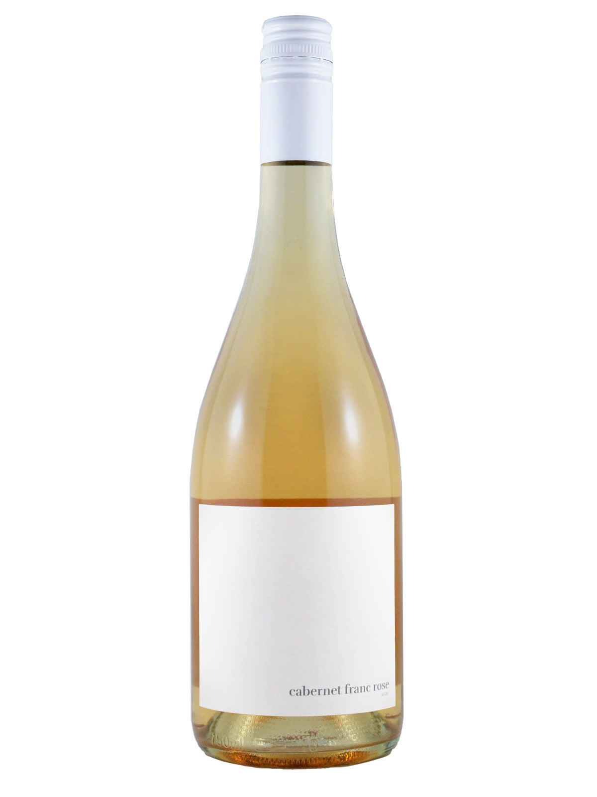 A bottle of Lock and Worth Cabernet Franc Rose wine with a very simple white label and a clear view of the wine's pale rose colour. White screw cap enclosure.