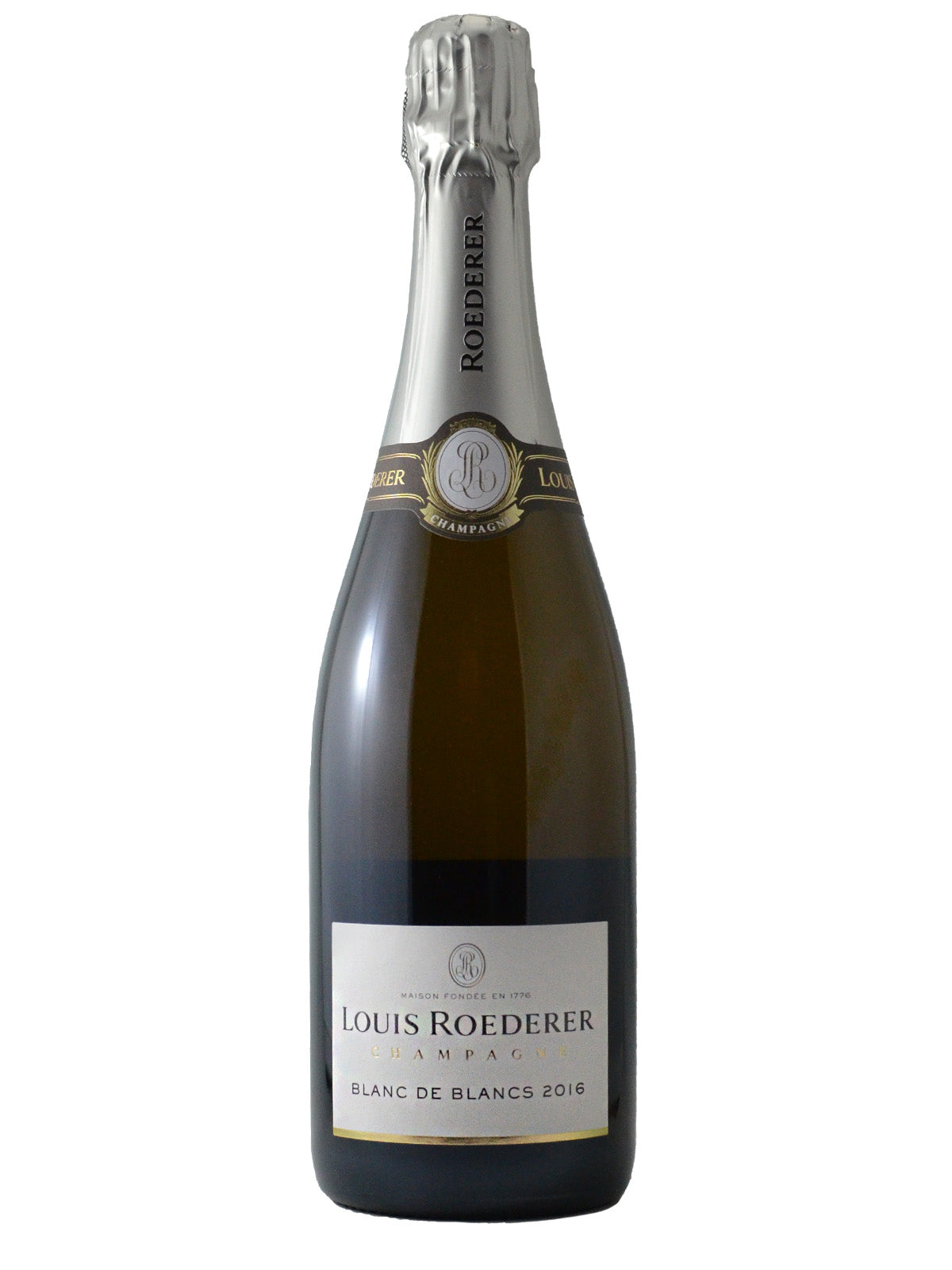 A bottle of Louis Roederer Blanc de Blancs Brut Champagne 2016 with a label and branding visible.