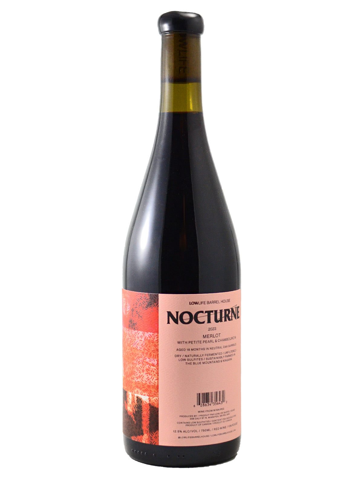 A bottle of Low Life Barrel House Nocturne Merlot with a light and dark pink label featuring a paiting illustration and the name of the wine in large black font.