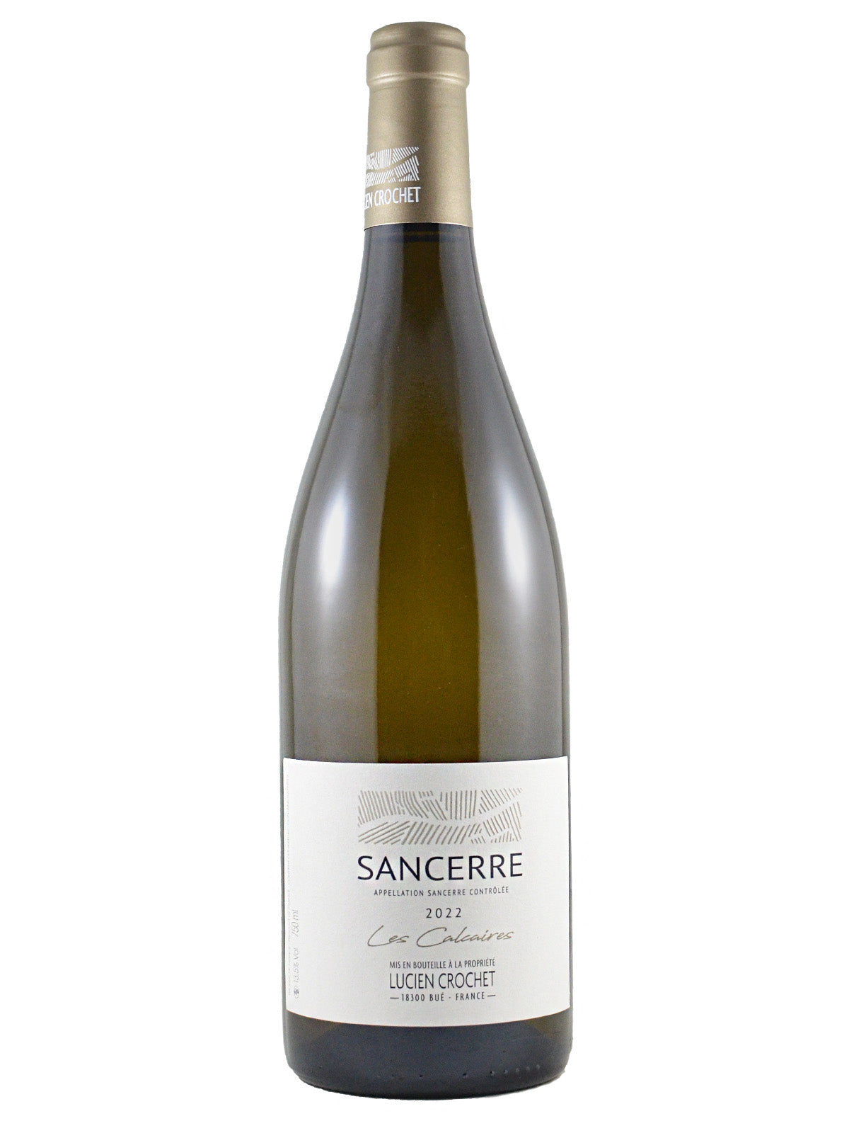 Wine bottle labeled 'Sancerre' and '2022' on a white background. Line art above the wine region indicates maybe a river with vine rows lining it, very abstract. Pale gold capsule/enclosure on top.