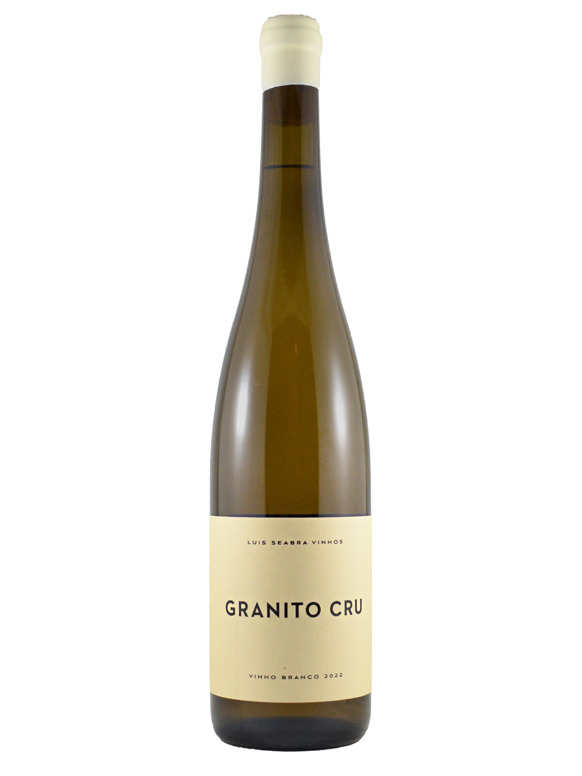 Wine bottle with cream coloured label reading 'Granito Cru' on a white background. White wax enclosure.