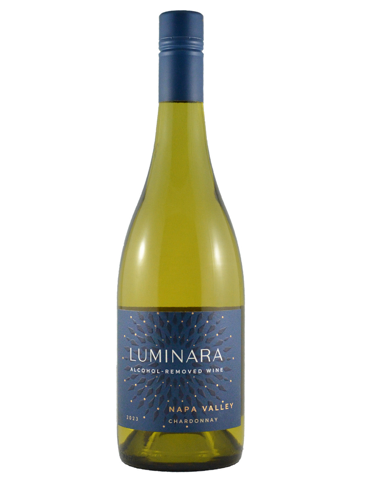 A bottle of Luminara Chardonnay with alcohol removed, from Napa Valley, California. The bottle is tall with a dark cap and a label that specifies the product as non-alcoholic.