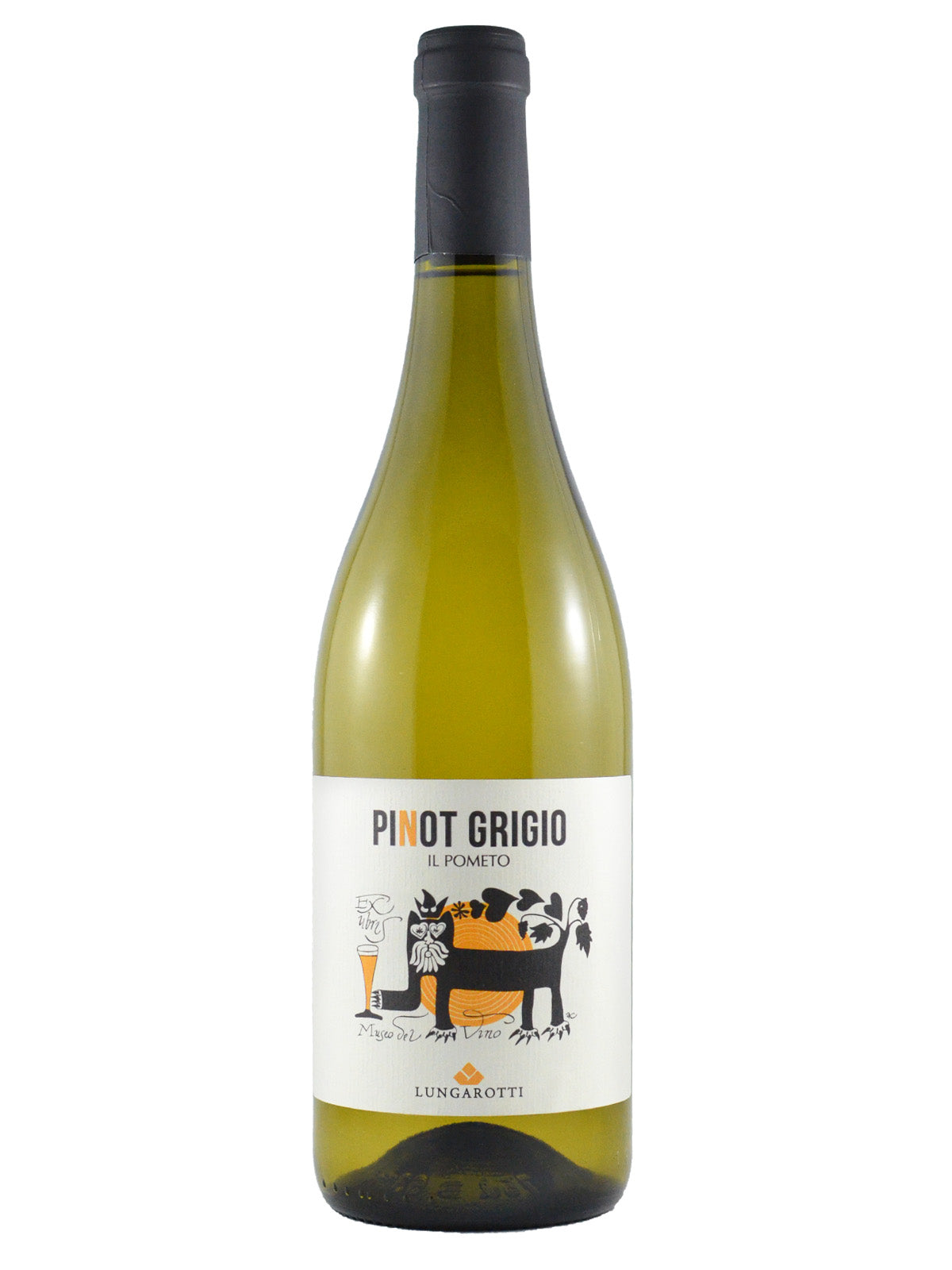 A bottle of Lungarotti Il Pomelo Pinot Grigio, white label with a historical illustration. Black capsule, all against white background.