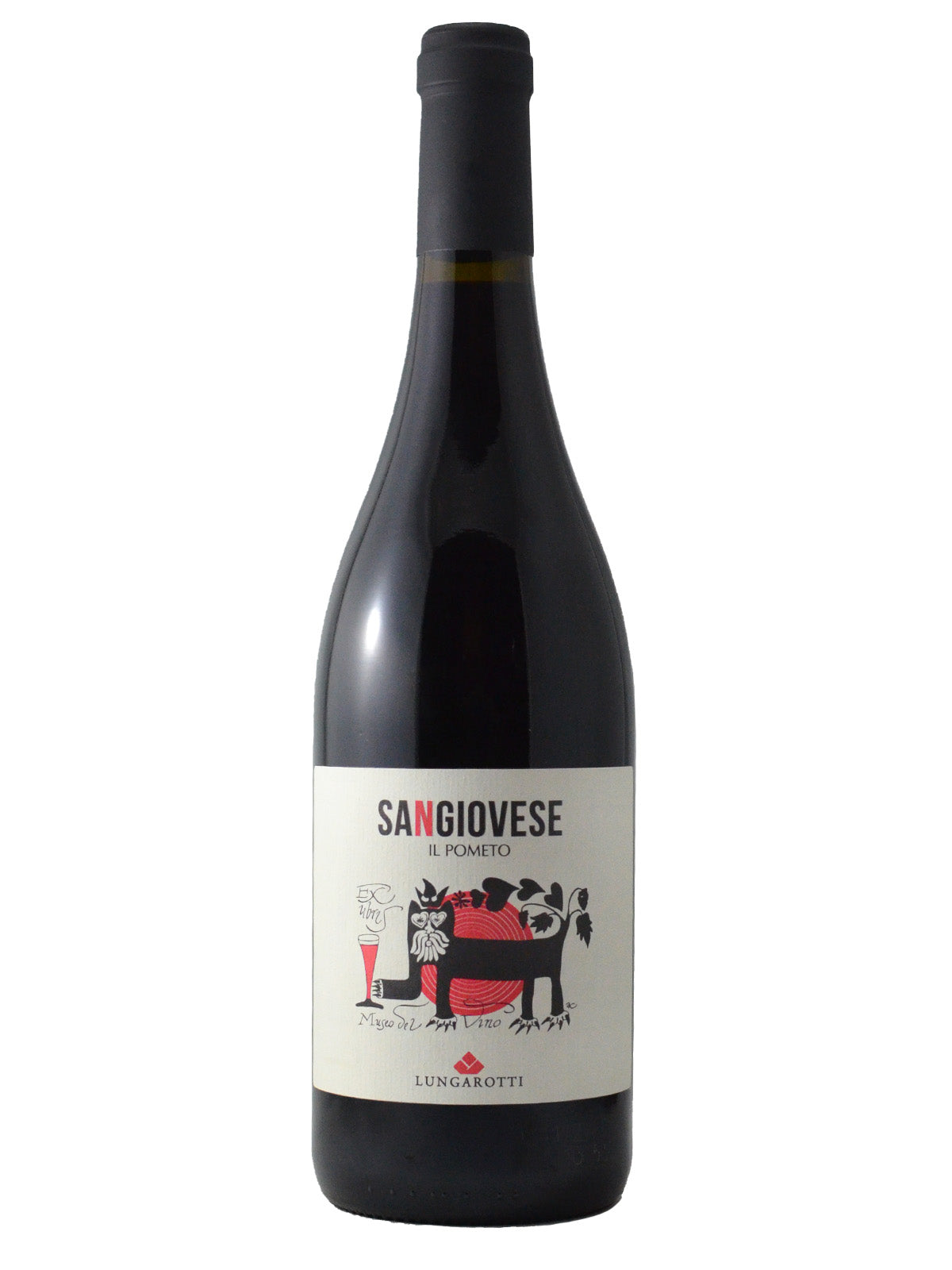 A bottle of Lungarotti Il Pometo Sangiovese wine with a label that includes a historical illustration.