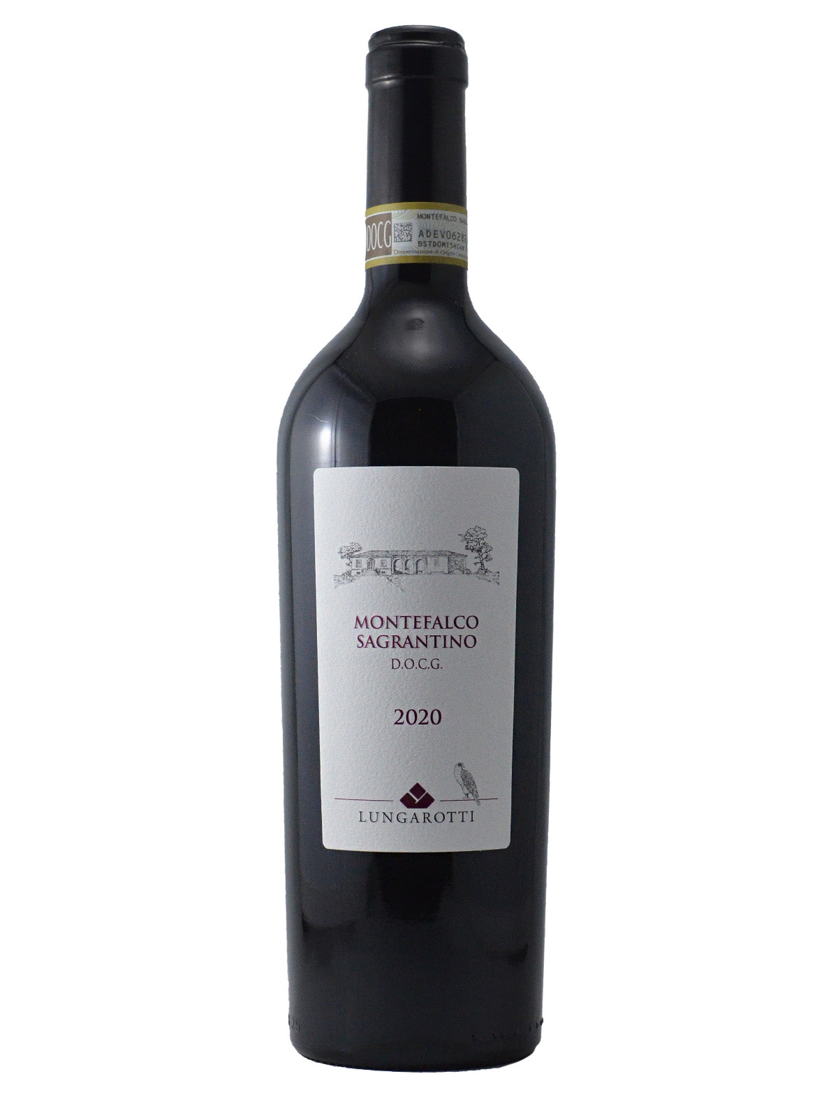 Red wine bottle 'Montefalco Sagrantino DOCG 2020 Lungarotti' with label on a white background
