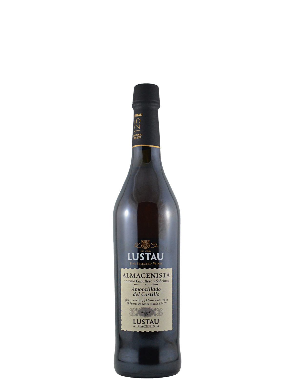 Lustau Almacenista Amontillado del Castillo wine bottle on a white background