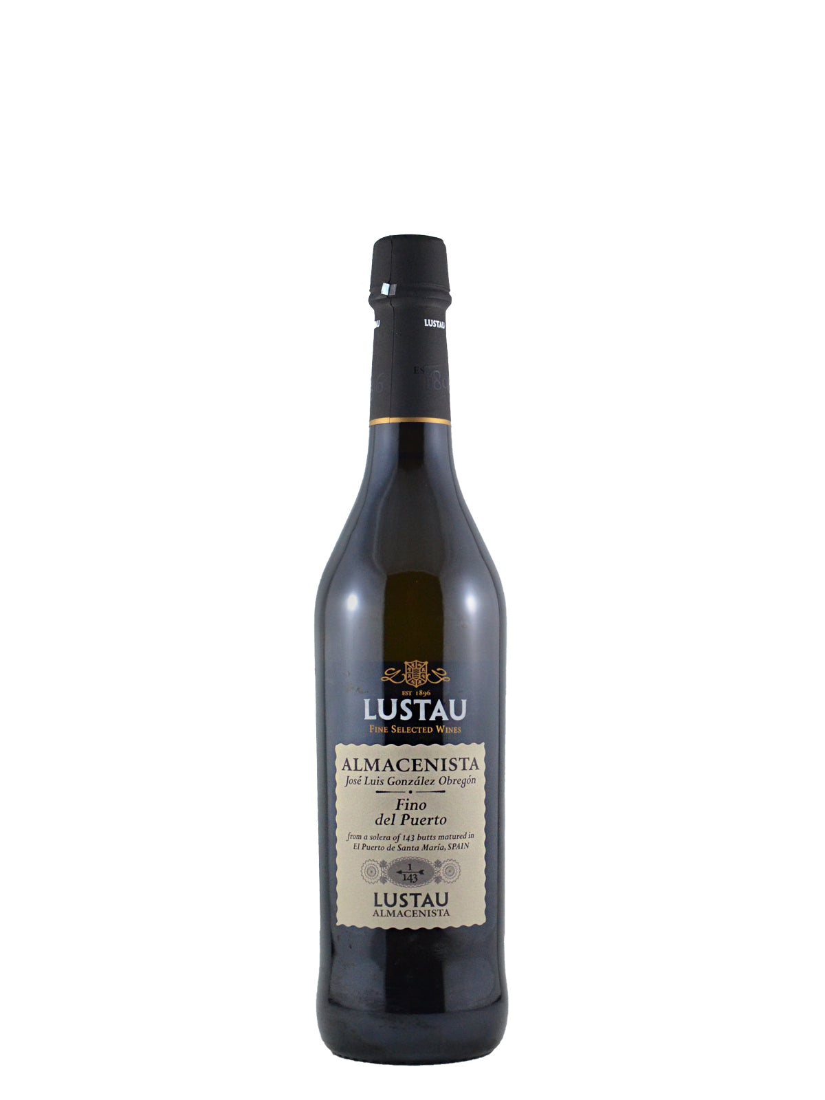 Lustau Almacenista wine bottle on a white background. Label additionally reads 'Fino del Puerto'. Black enclosure.