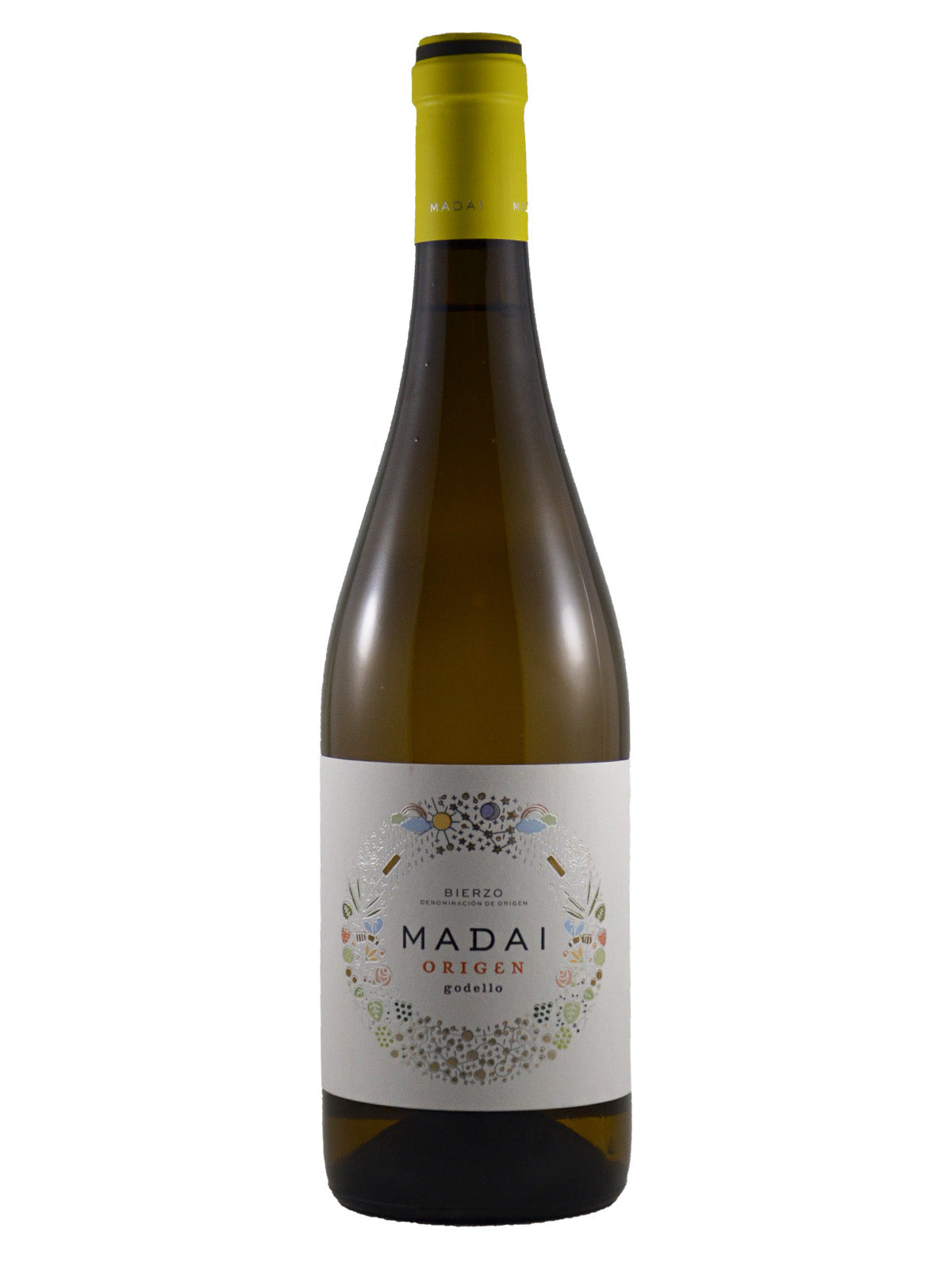 A bottle of Madai Oregen Godello white wine with a white label featuring a colorful floral wreath design and a bright yellow foil capsule at the top, set against a plain white background.
