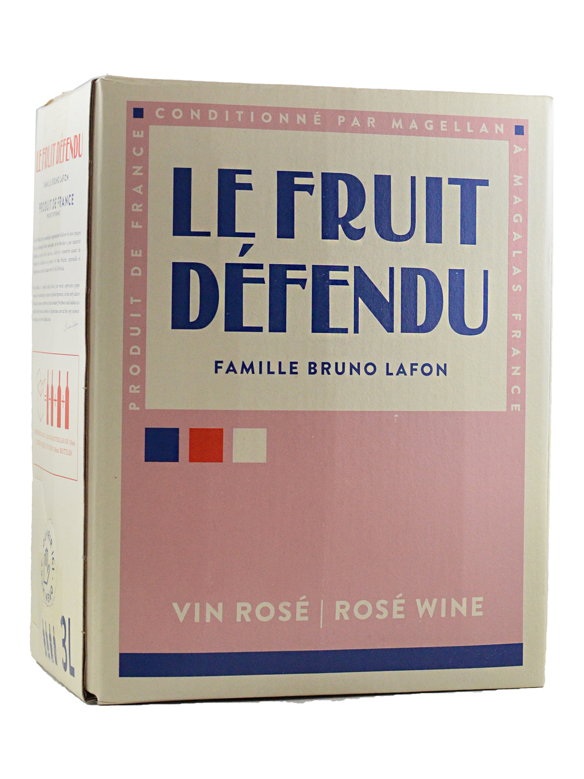 Box of Le Fruit Défendu Rosé Wine with branding and product details.