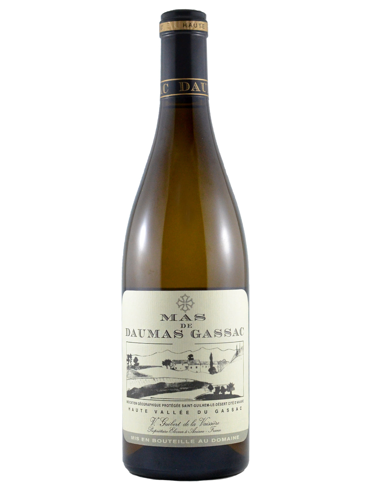 Bottle of Mas de Daumas Gassac White wine with a label featuring ink drawings of trees, vineyards and a distant chateau. Black and gold enclosure. All set against plain white background.