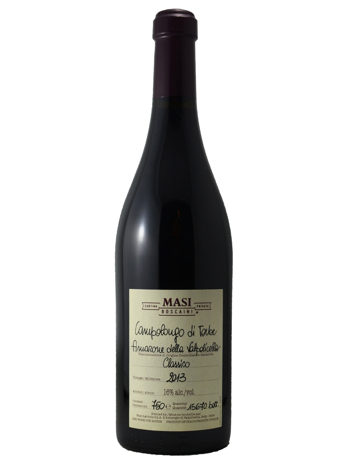 Wine bottle with tan MASI label and a purple foil enclosure, red wine details in faux handwritten script including the info "Amarone delle Valpolicella Classico", "2013", "16% alc./vol", "750ml" and "15670 bott". All against a white background.