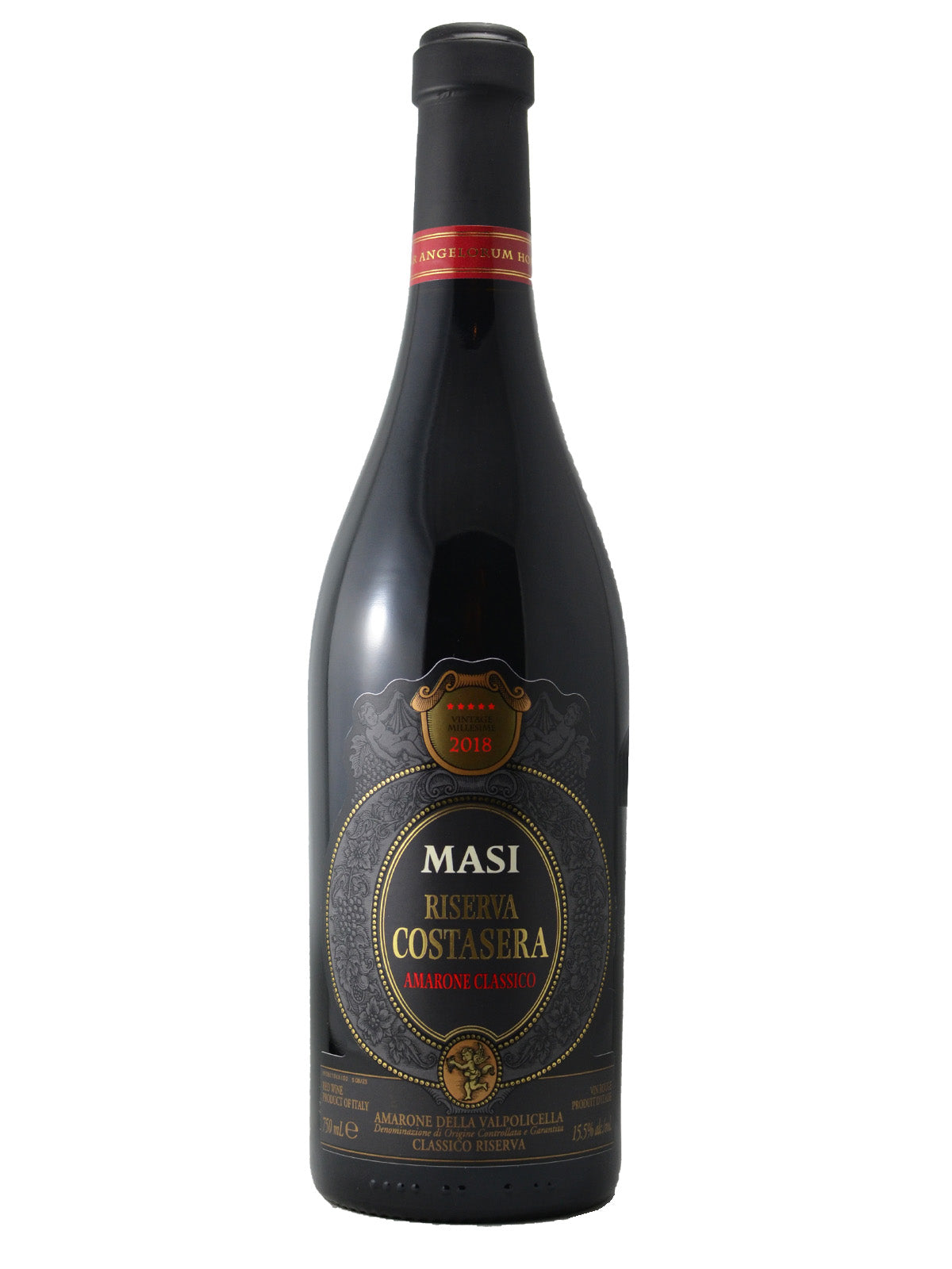 Red wine bottle with MASI label on a white background. Text on label says Reserve Costasera Amarone Classico. 2018.
