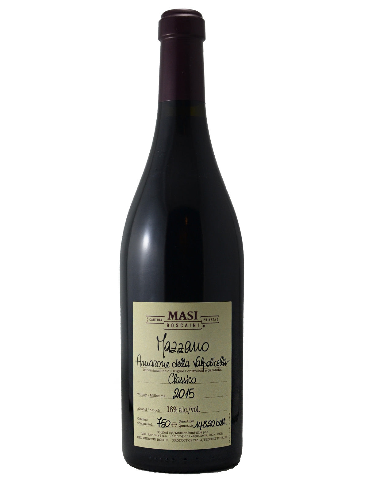 Wine bottle with tan MASI label and a purple foil enclosure, red wine details in faux handwritten script including the info "Mazzano", "2015", "16% alc./vol", "750ml" and "14820 bott". All against a white background.