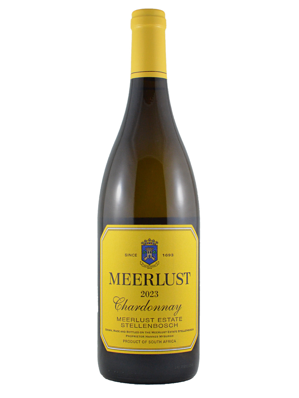 Meerlust Chardonnay wine bottle with yellow label on a white background