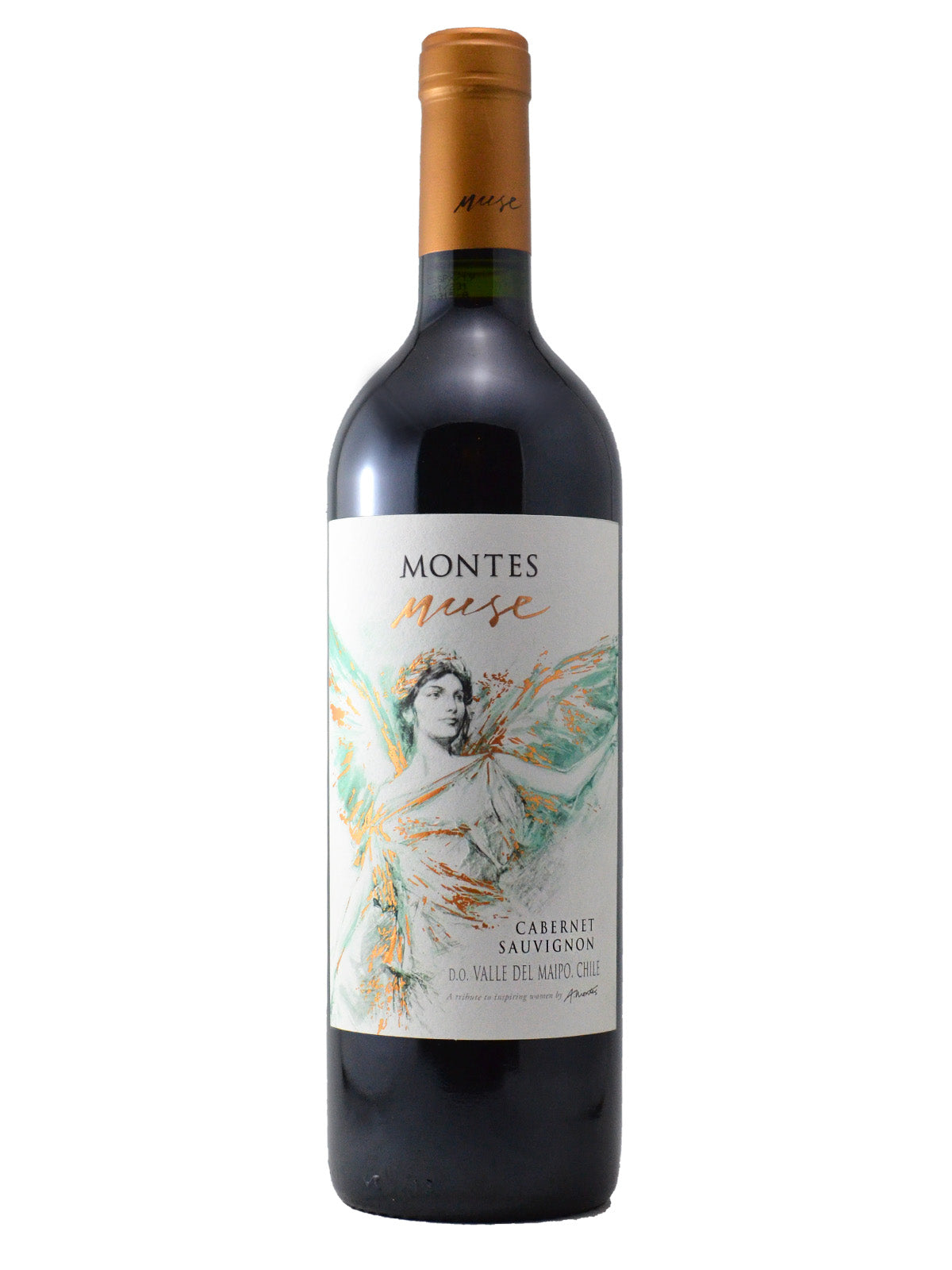 Bottle of Montes Muse 2019 Cabernet Sauvignon with a metallic orange enclosure and a label depicting a stylized illustration of a woman, primarily in green and orange hues, against a white background.