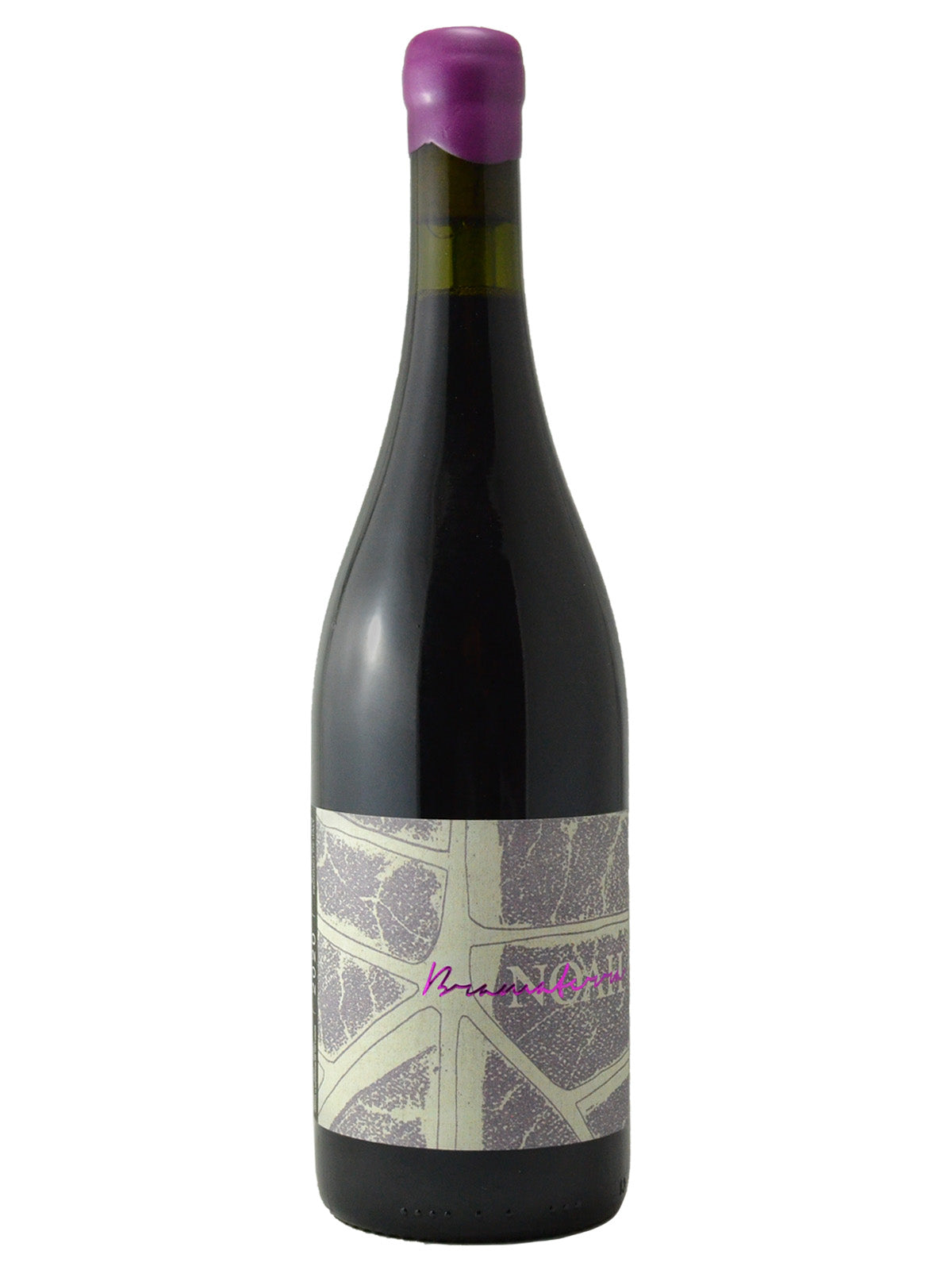 A bottle of NOAH Bramaterra DOC wine with a purple wax enclosure and a label featuring a map pattern.