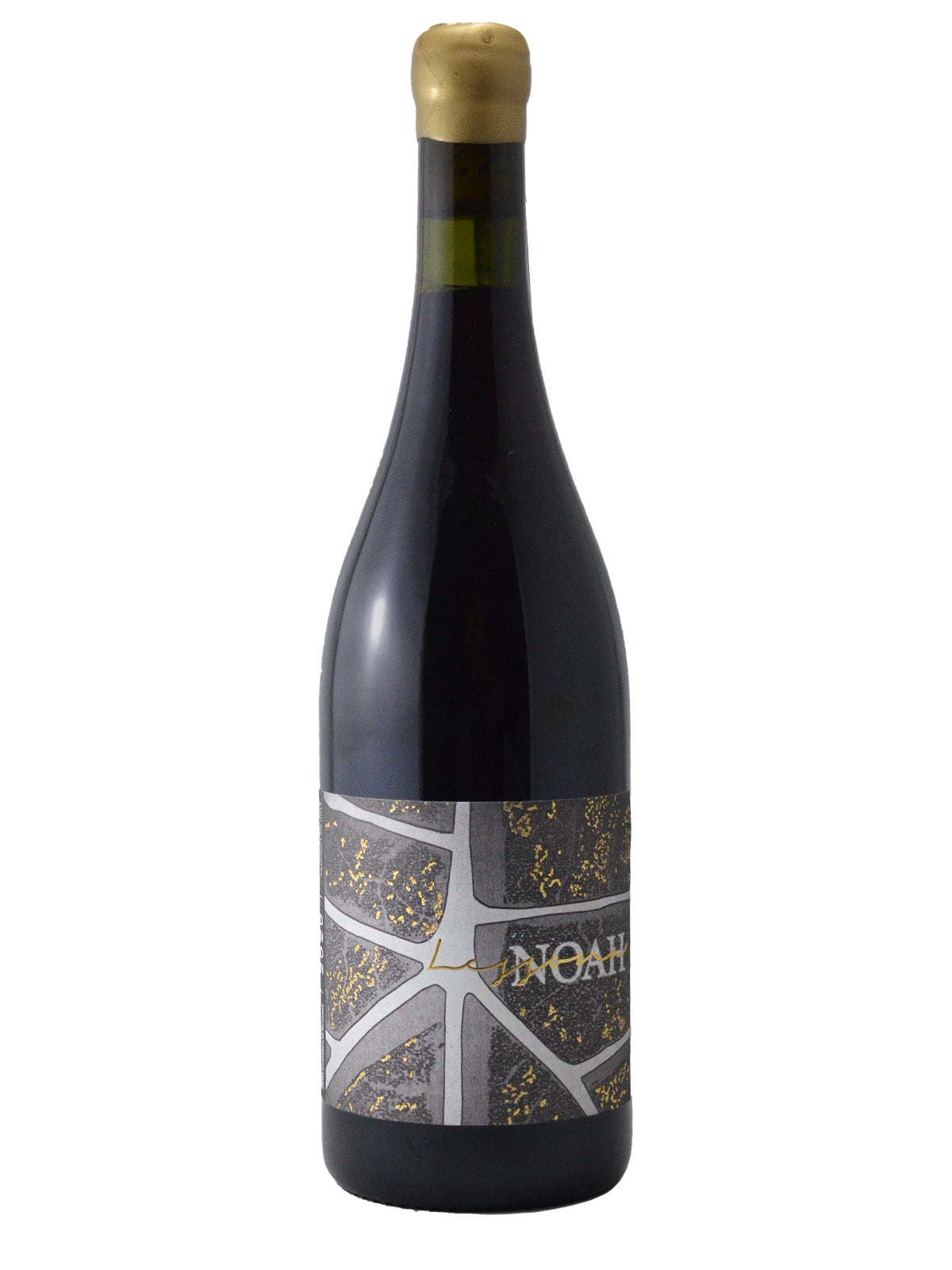 A bottle of NOAH Lessona DOC wine with a label featuring a geometric pattern in gold and white on a dark background. The bottle has a gold coloured wax-dipped top.
