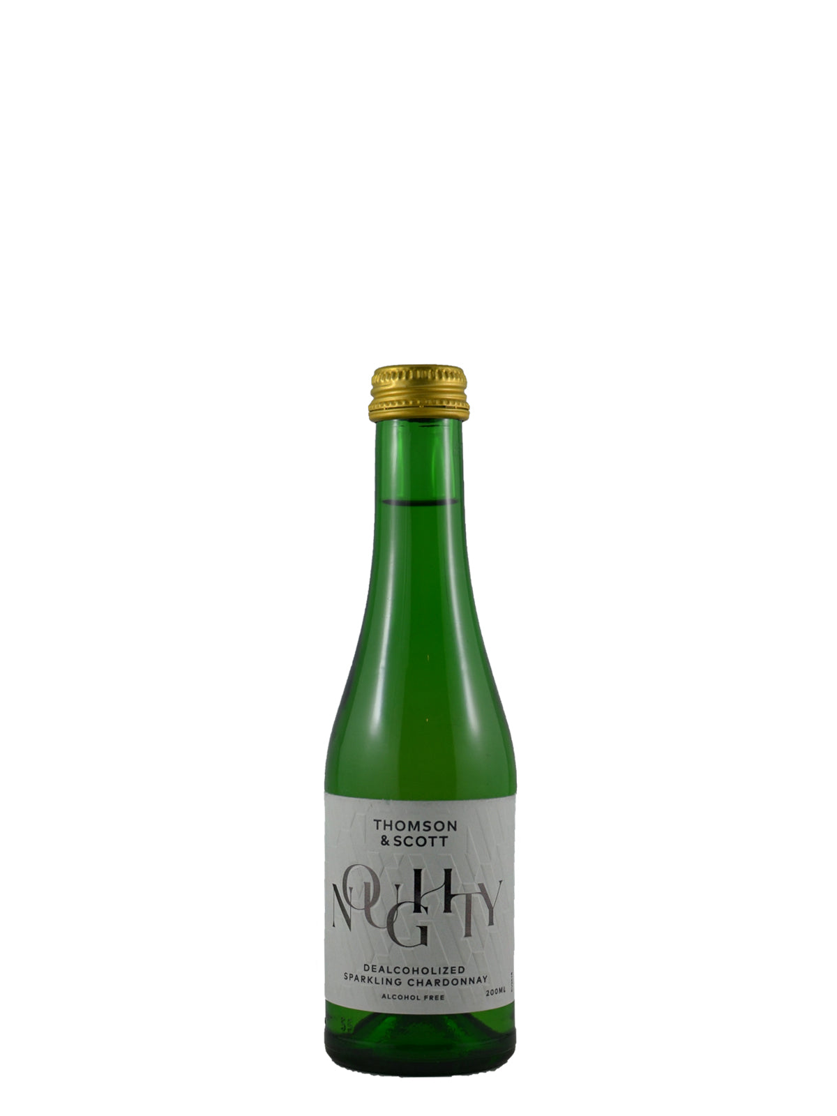 Green bottle with gold cap on a white background. Label says Thomson & Scott 'Noughty' Dealcoholized Sparkling Chardonnay.