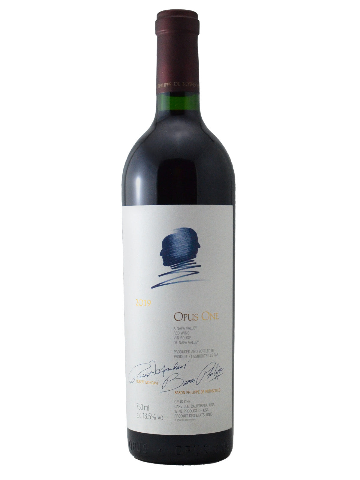 A bottle of Robert Mondavi Opus One red wine from Napa, California, USA. White label on green red wine bottle, featuring screen printed signatures, artwork, gold text. All against a white background.