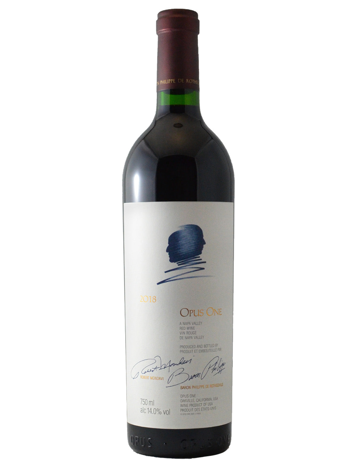A bottle of 2018 Opus One wine from Napa Valley, California, with a dark label and a signature on the label.