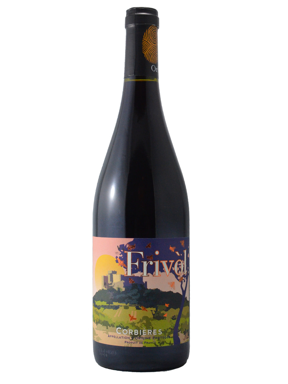 A bottle of Les Celliers d'Orfee 'Frivol' Rouge wine with a label featuring a vibrant, artist-created landscape. Label also includes the word 'Corbieres' (the appellation). Black enclosure with Orfee logo which is made of layered stylised bronze whorls). All set against white background.
