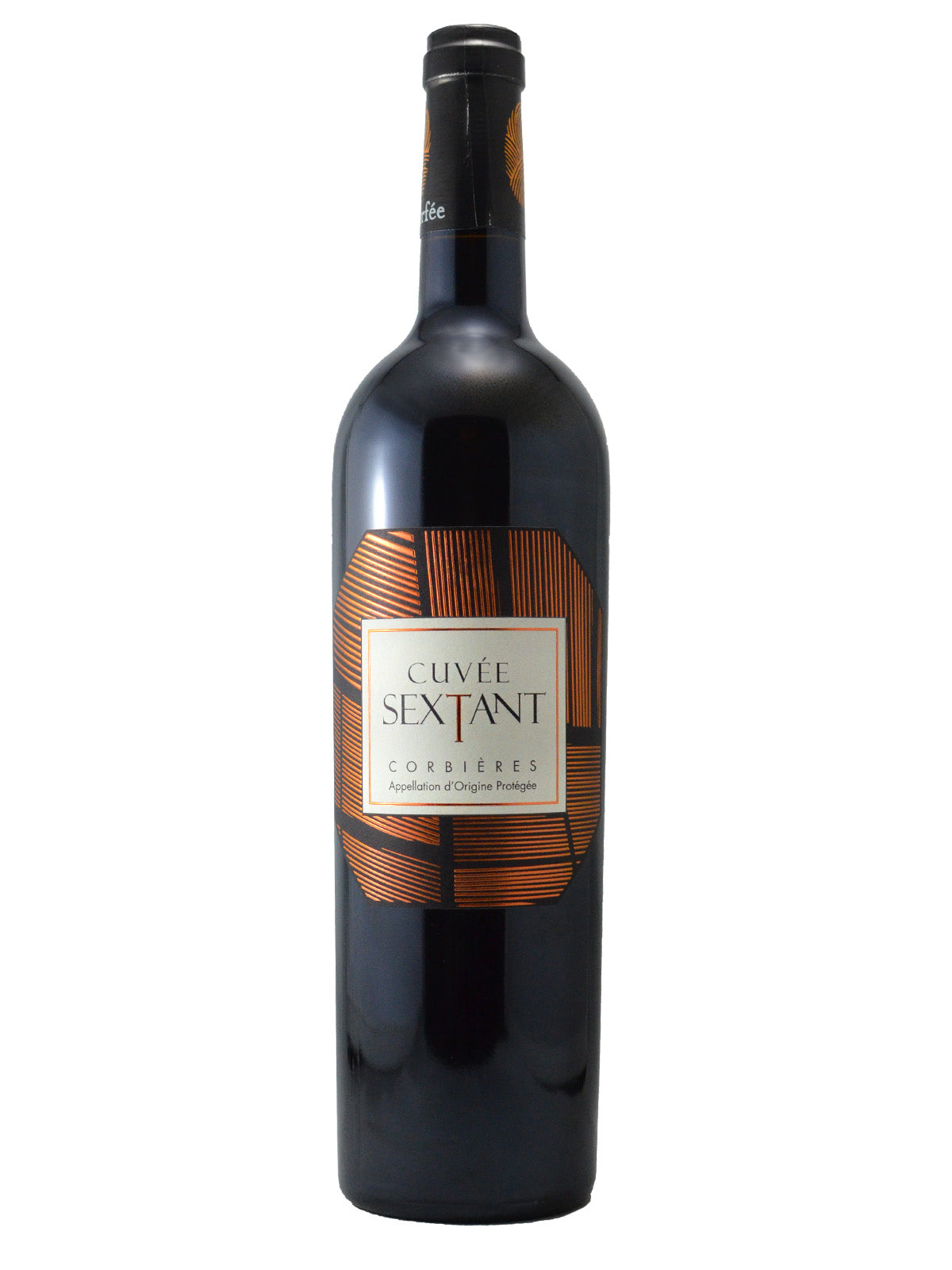A bottle of Les Celliers d'Orfee 'Sextant' Rouge wine with a simple label and bronze coloured accents around the label. Label reads 'Cuvee Sextant Corbieres'. Black enclosure. All set against white background.