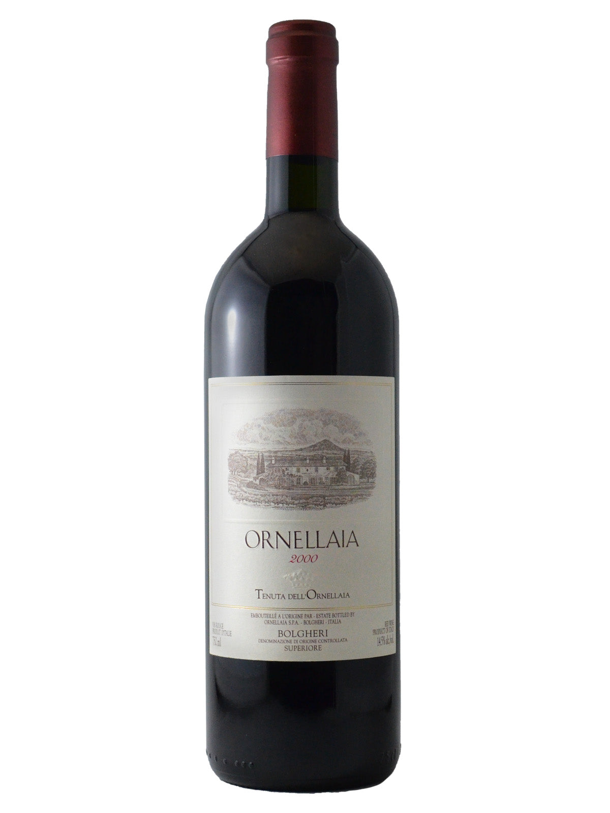 A bottle of 2000 Tenuta dell'Ornellaia Bolgheri Superiore wine with a red label and a cork.