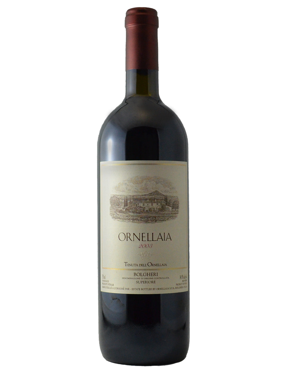 Bottle of red wine with maroon capsule and tan label with ORNELLAIA 2003 Bolgheri Superiore in classic text and a depiction of the winery estate in drawn line art
