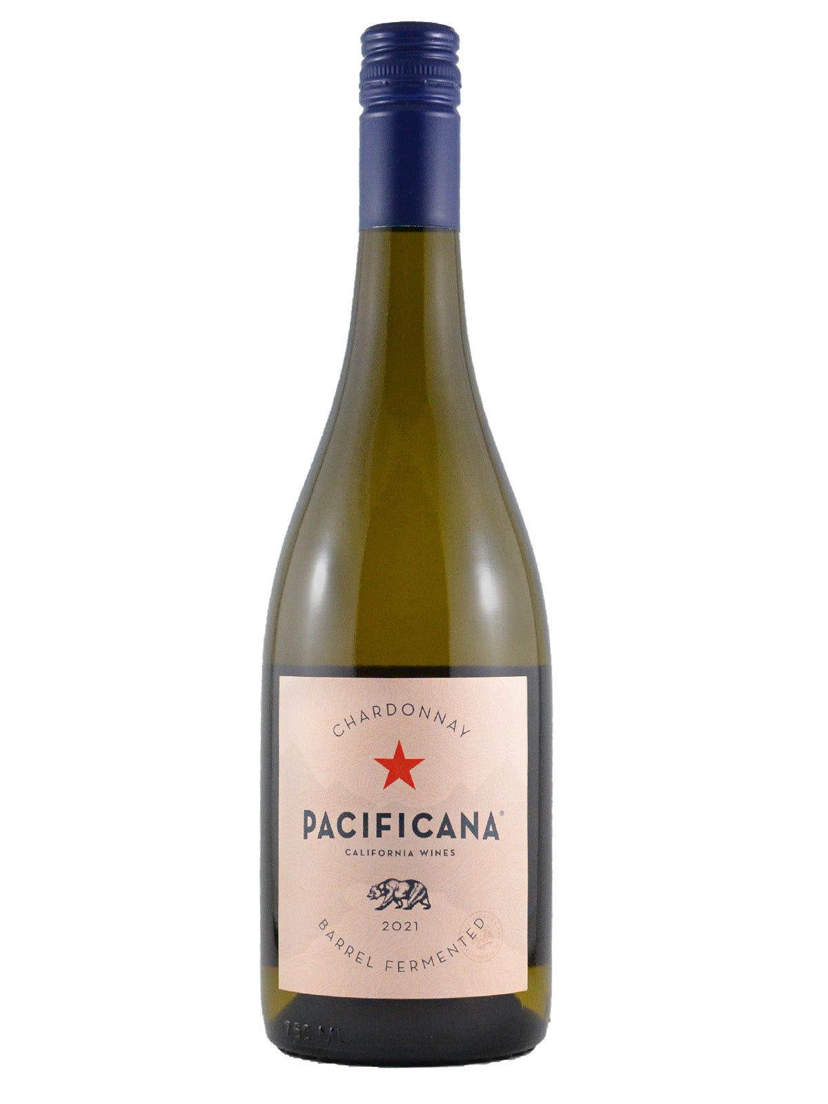 Bottle of Pacificana Chardonnay wine with a label that includes a red star, the brand name, variety, and vintage year (2021). Also says 'Barrel Fermented' in capital letters. Blue screw cap enclosure on green glass bottle. All against white background.
