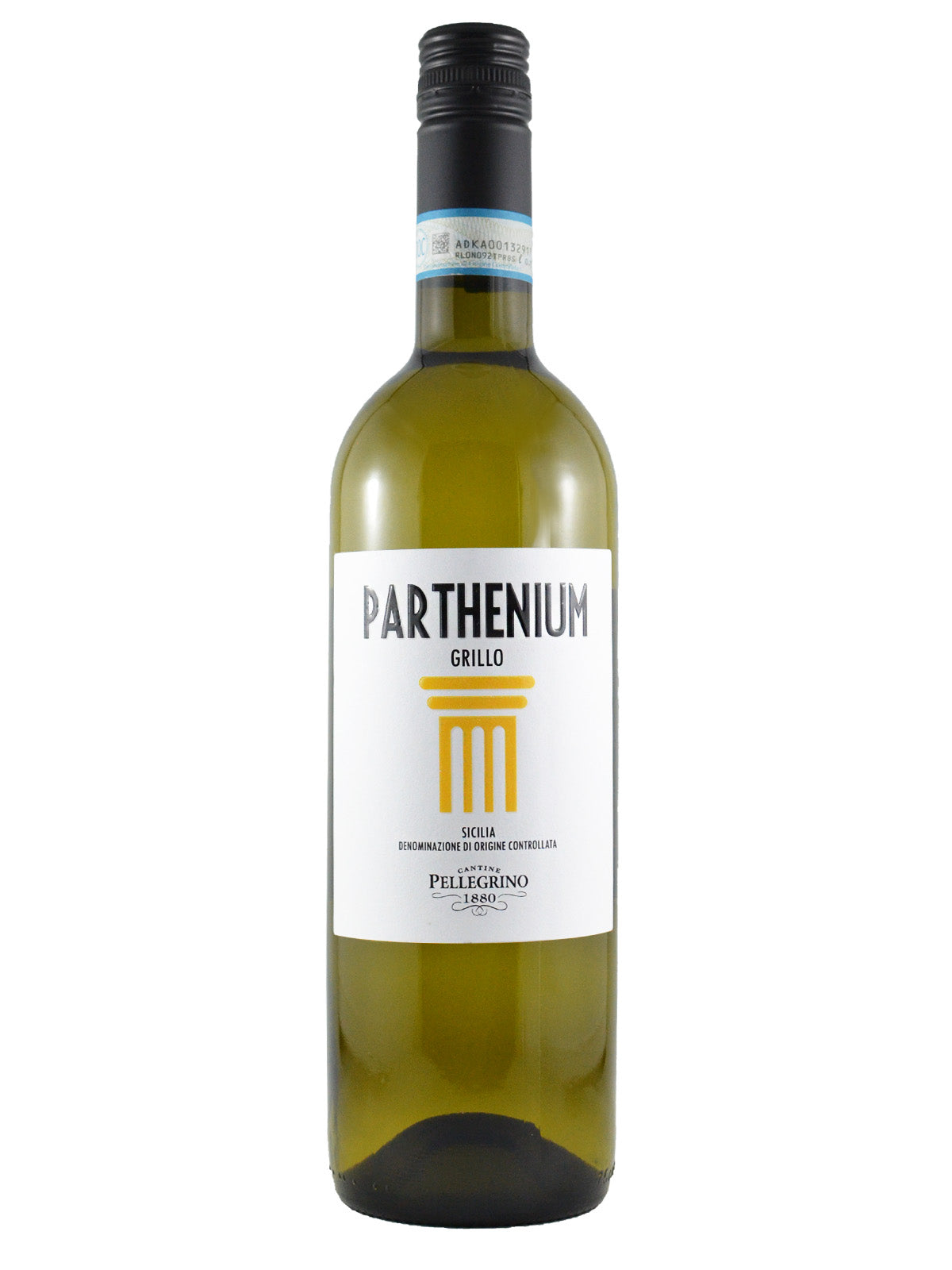 Bottle of Parthenium Grillo white wine from Cantine Pellegrino in Sicily. White label, black text, yellow simple line depiction of what could be a parthenon type structure with columns but is open to interpretation. Black screw cap enclosure. Set against white background.
