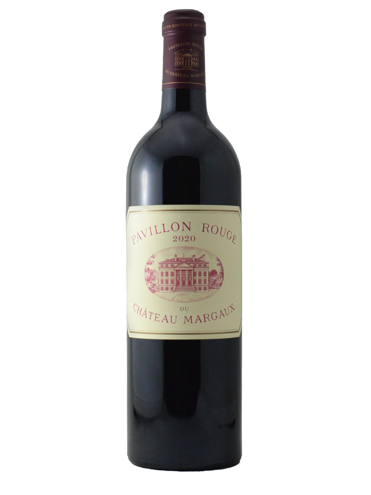 A bottle of Pavillon Rouge de Chàteau Margaux 2020 wine with a label that includes the name of the wine and the word 'Cabernet Sauvignon'.