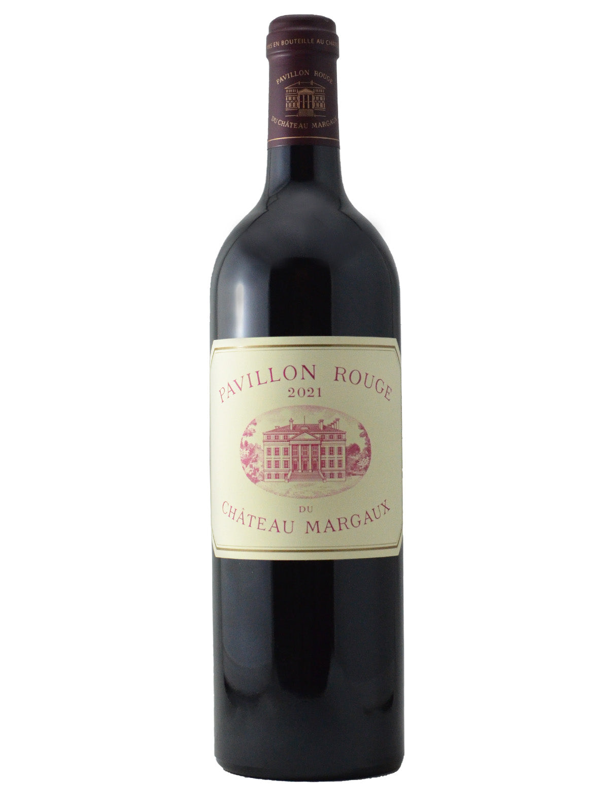 A bottle of 2021 Pavillon Rouge de Cháteau Margaux red wine with a label that includes the wine's variety and vintage information.