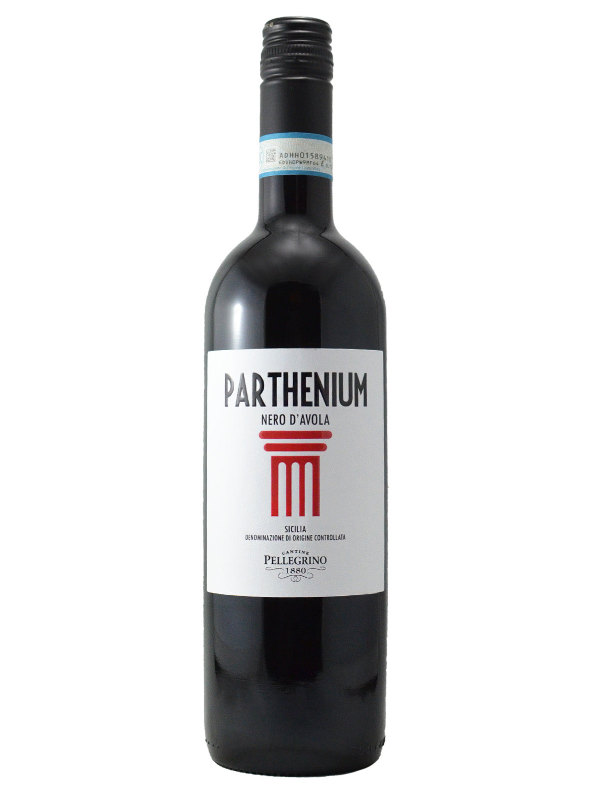 A bottle of Parthenium Nero D'Avola wine with a white label and dark text indicating the variety and brand. A red graphic that could represent some Greco-Roman style column architecture is present in the middle, but it could be open to interpretation as it is quite simple. Black screw cap enclosure. All set against white background.