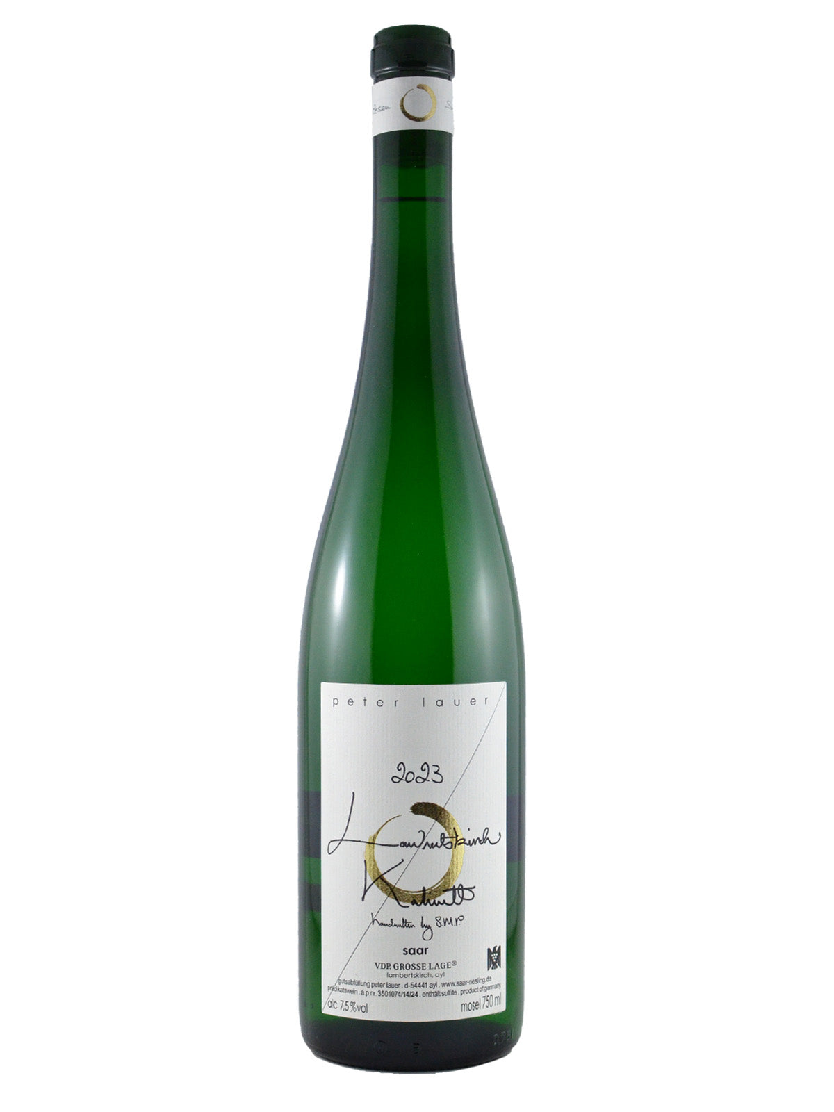 A bottle of Peter Lauer No. 14 Lambertskirch Riesling Kabinett wine with a white label on a clear background.