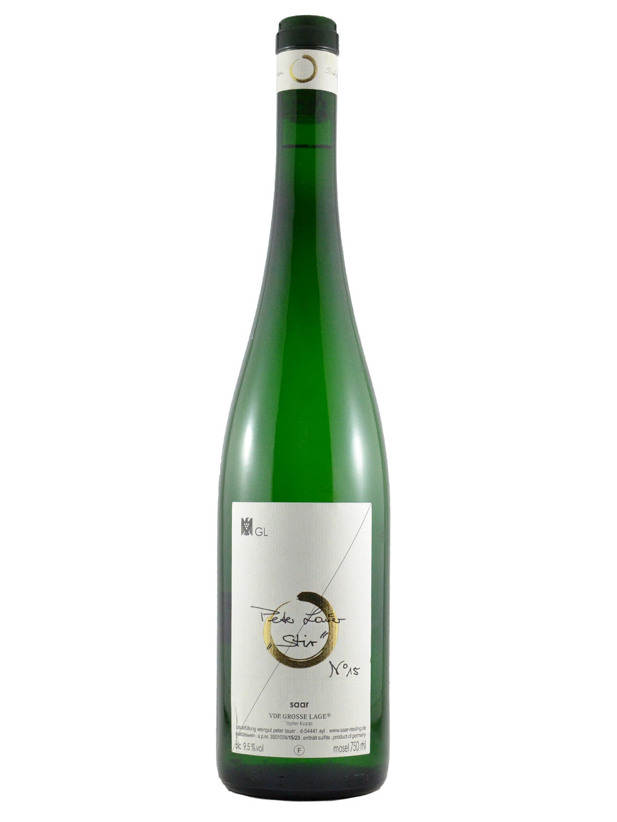 A bottle of Peter Lauer No. 15 Stirn Riesling feinherb wine with a white label on a green background.