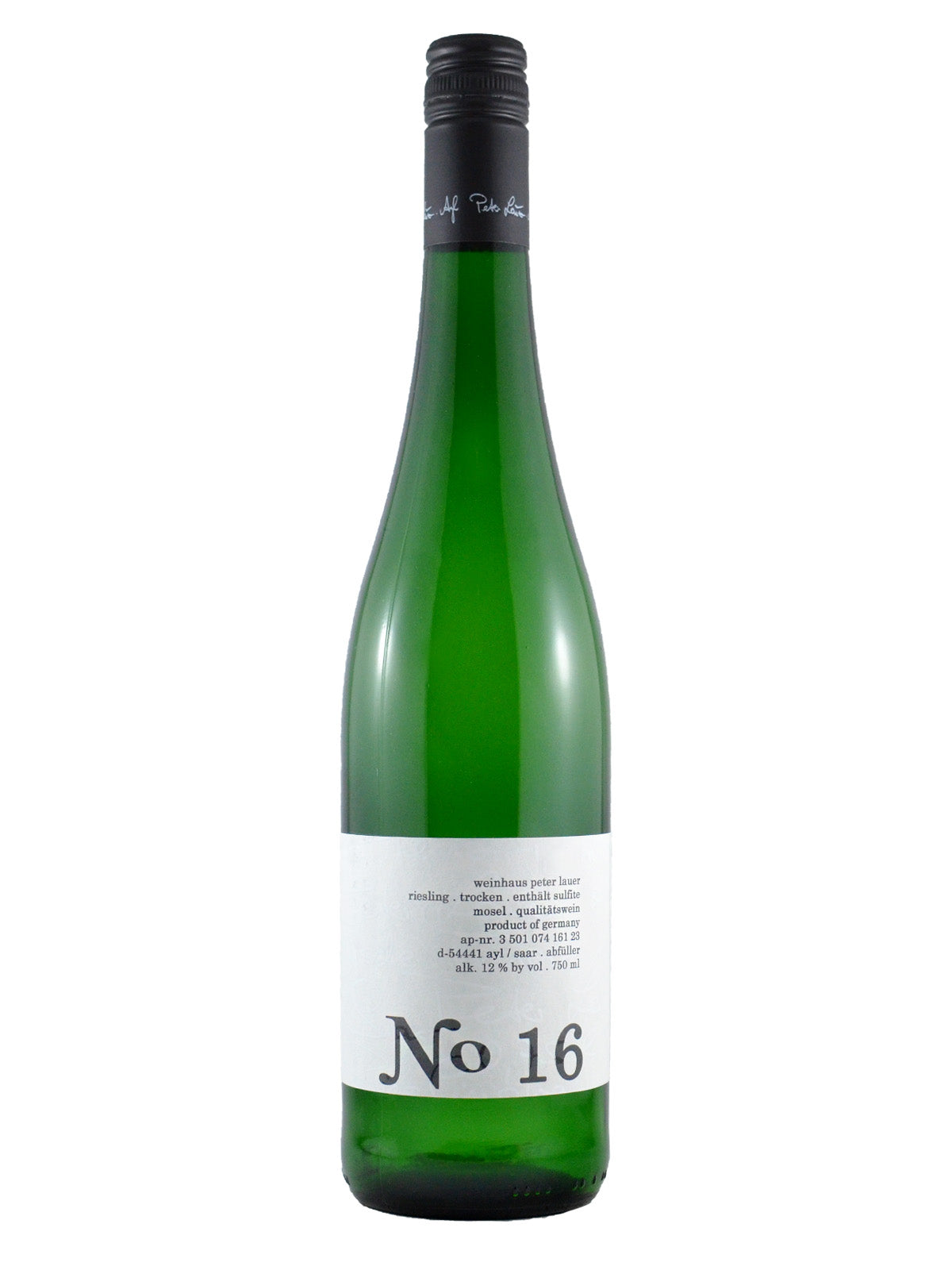 A bottle of Peter Lauer No. 16 Riesling Trocken with a white label on a green background. The label reads 'No 16' in large black text. Black screw cap enclosure. All set against plain white background.