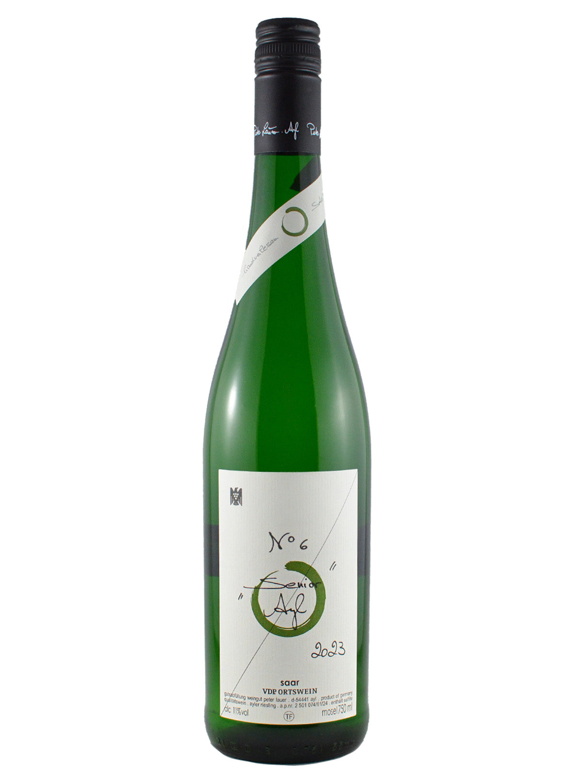 A bottle of Peter Lauer No. 6 'Senior' Ayler Riesling feinherb wine with a label that includes the text 'Riesling' and 'Ayler', set against a plain background.