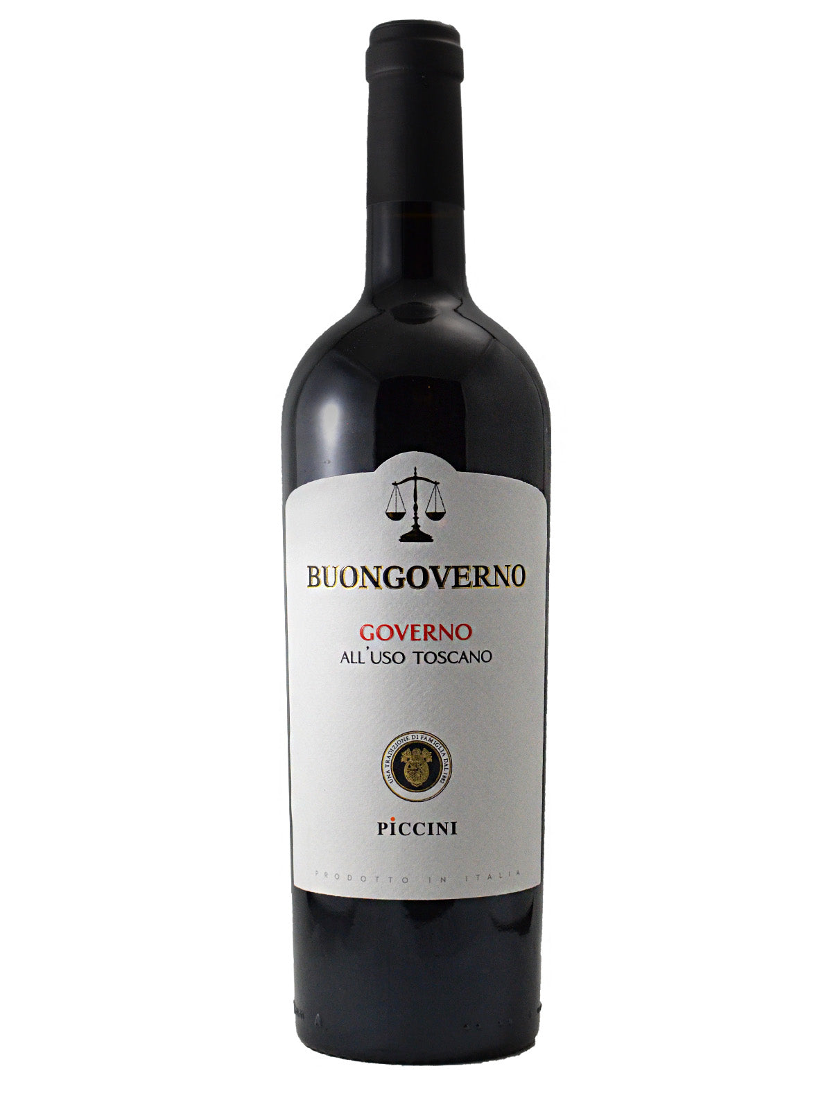 Bottle of Piccini Buongoverno Governo All'Uso Toscana red wine with a silhouette of a set of scales on the label, and a black capsule on the top, all set against a white background.