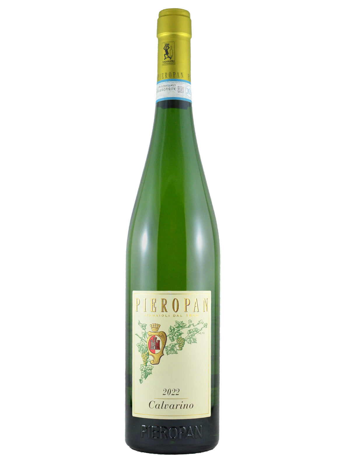 A bottle of Pieropan 'Calvarino' Soave Classico wine made of green glass with a label that includes the brand name, wine name and vintage (2022). Greenish-gold capsule (over a cork-style enclosure). All set against a white background.