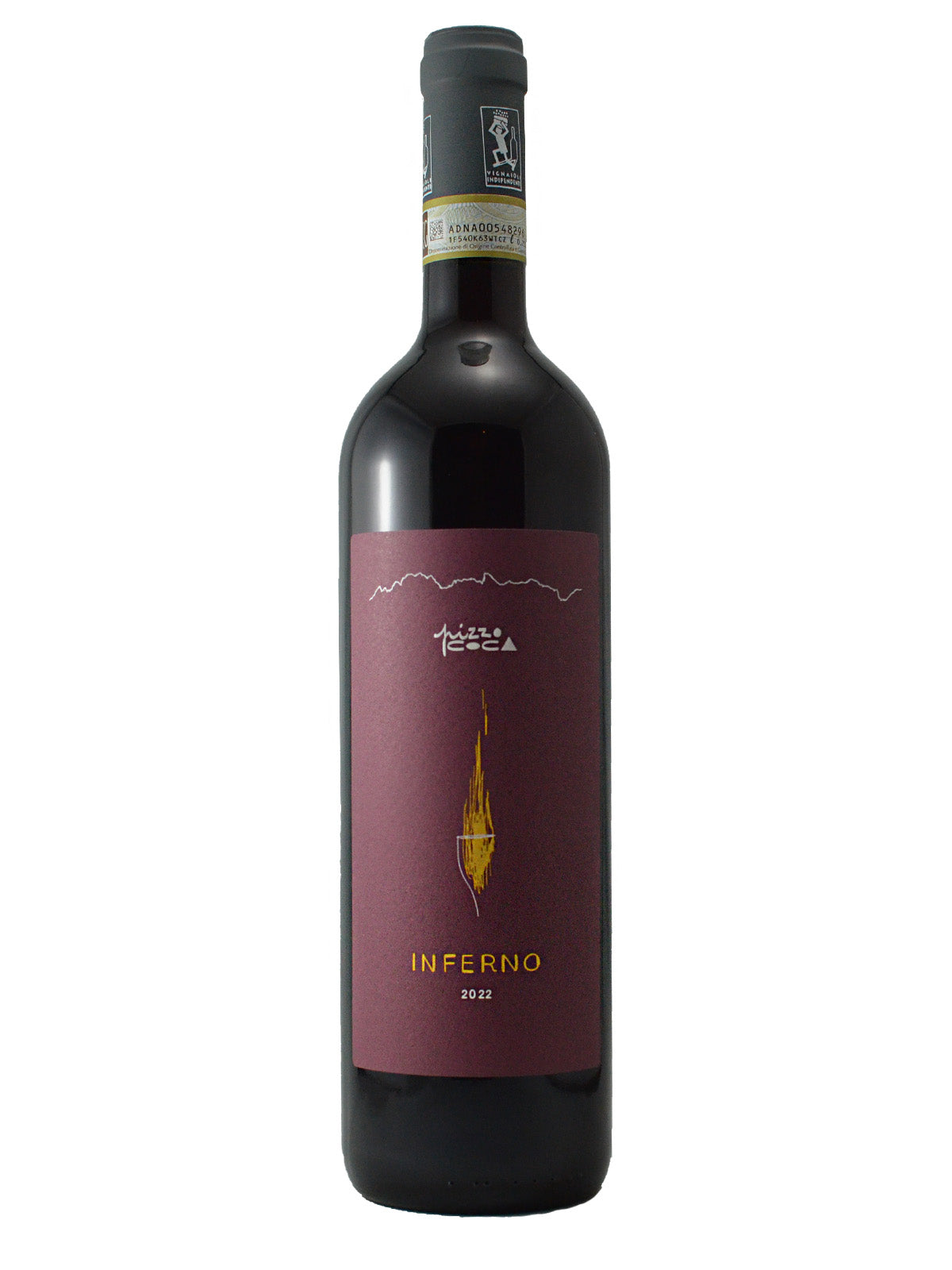 Wine bottle labeled 'Inferno' on a white background. Burgundy-coloured label with the words 'Pizzo Coca' and 'INFERNO 2022'. Dark grey enclosure (cork).