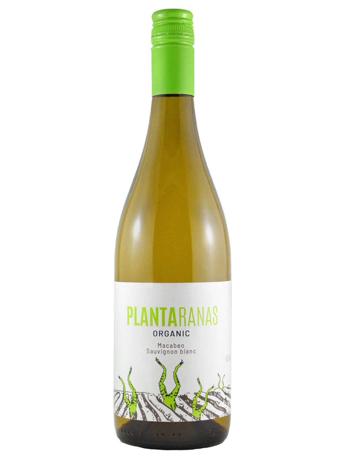 A bottle of Cofama Plantaranas Macabeo Sauvignon Blanc wine with a label that includes the brand name and 'ORGANIC' text, indicating it is organic wine. Label has a stylised drawing of what appear to be bright green frogs with their legs sticking out of a field. Bright green screw cap enclosure. All set against plain white background.