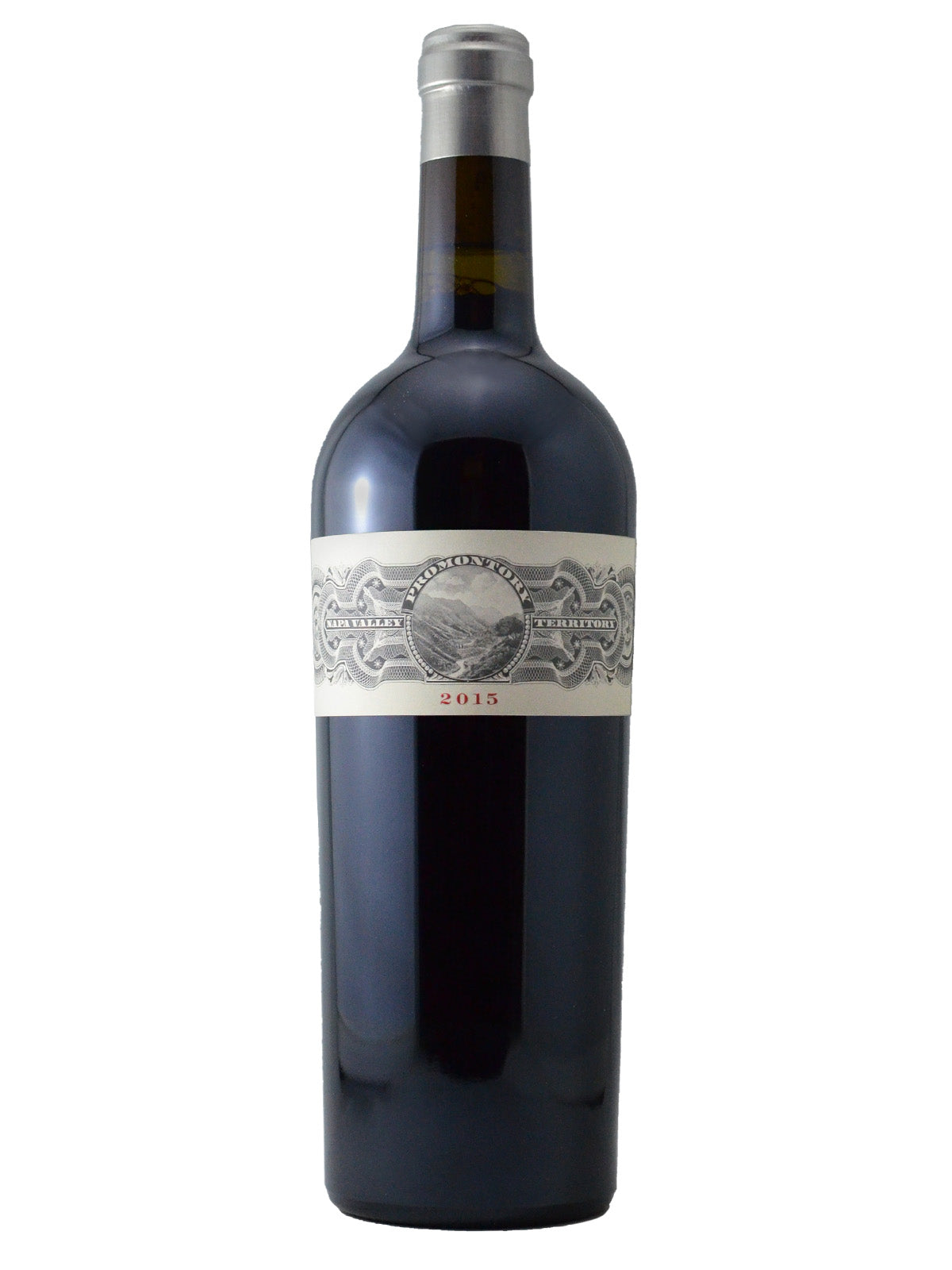 Bottle of red wine - Promontory 2016 Cabernet Sauvignon from Napa, California, USA. Etched-art monochrome style label reminiscent of US dollar notes. Silver enclosure on top.