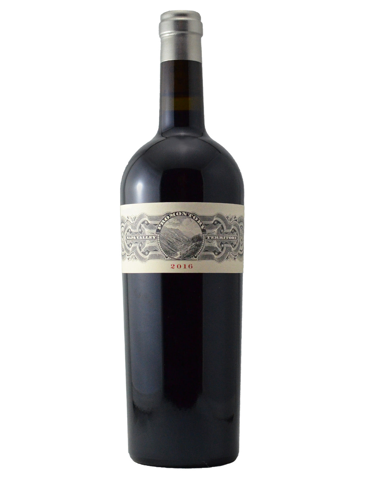 Bottle of red wine - Promontory 2016 Cabernet Sauvignon from Napa, California, USA. Etched-art monochrome style label reminiscent of US dollar notes. Silver enclosure on top.