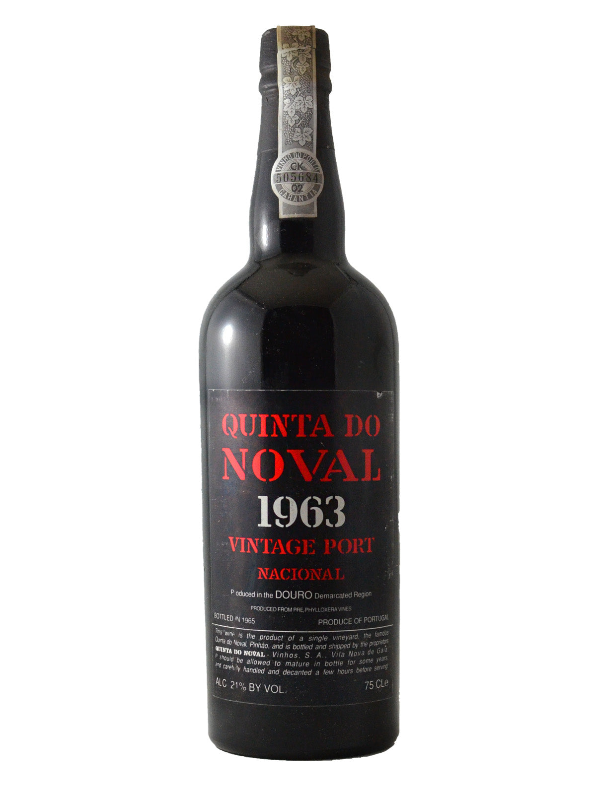 A bottle of Quinta Do Noval 1963 Vintage Port wine with a label displaying the brand and vintage year.