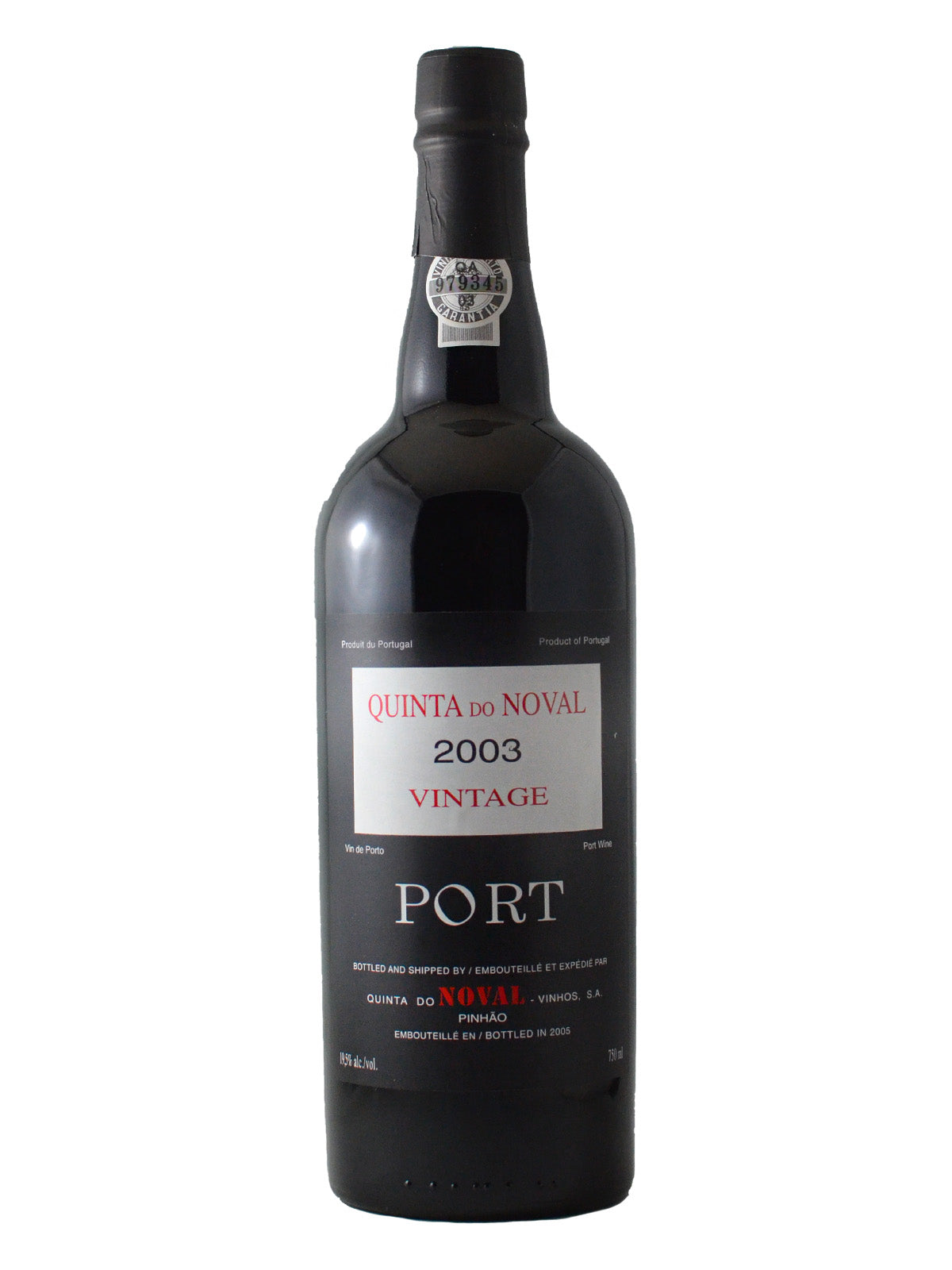 A bottle of Quinta Do Noval Vintage Port 2003 wine with a label displaying the brand, vintage year, and 'Port' type. The bottle cap is on top and the liquid inside is dark.